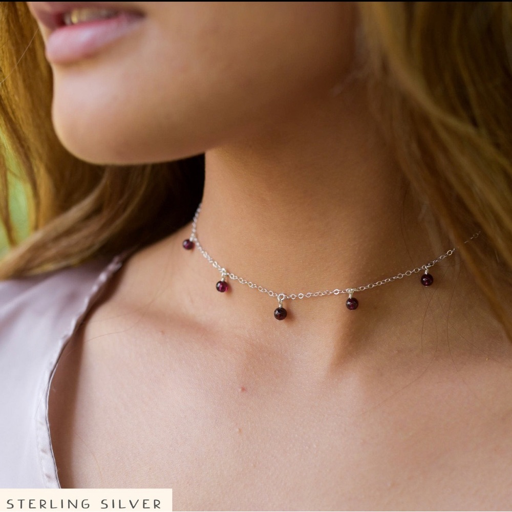 Garnet bead drop necklace choker sterling silver or gold fill handmade gemstone